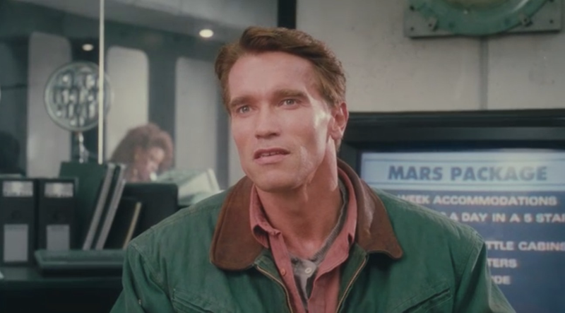 “Secret agent. How much is that?” Quaid fine-tunes his Rekall getaway in Total Recall.